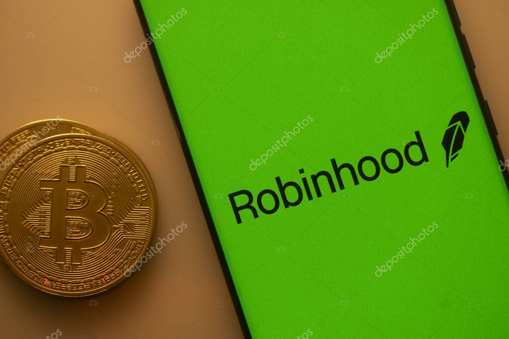 Dhaka, Bangladesh 22 September 2025:Robinhood logo on a smartphone screen with a Bitcoin coin