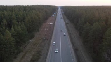 Ormanın ortasında sonbahar yolu. Bir sürü araba. Yüksek kalite 4k görüntü