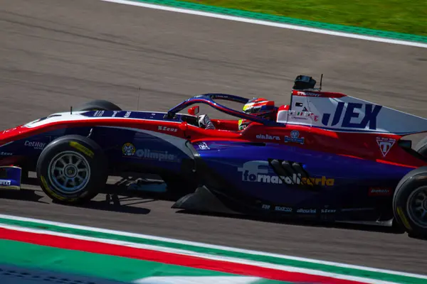 stock image Close-up of Leonardo Fornaroli (ITA) at the Acque Minerali corner of the Enzo e Dino Ferrari Circuit in Imola during the Italian GP weekend for the third round of Formula 3 with his Trident's car