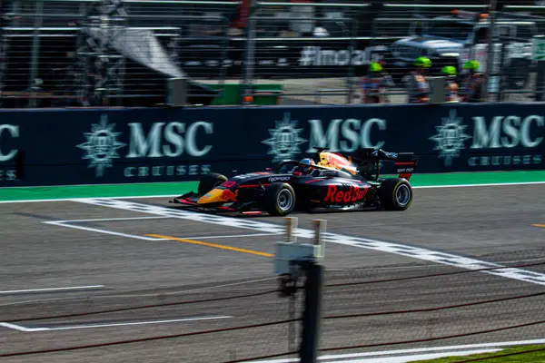 stock image Oliver Goethe (DEU) As he crosses the finish line of the Formula 3 feature race at the Enzo and Dino Ferrari racetrack in Imola with is Campos Racing's car