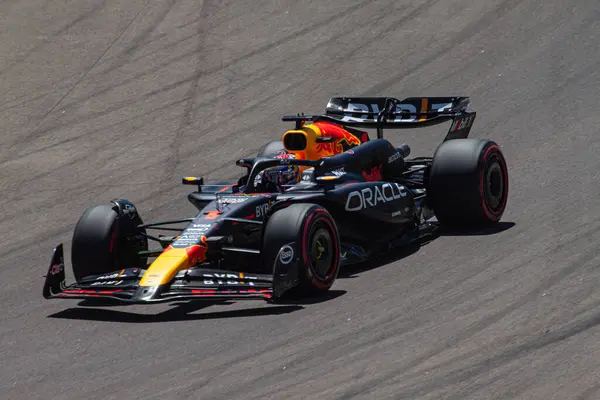 stock image The three times world champion Max Verstappen (NLD) in Imola at the Acque Minerali corner of Autodromo Enzo e Dino Ferrari for the Made in Italy GP 2024 17-19 May with is RB20 number 1