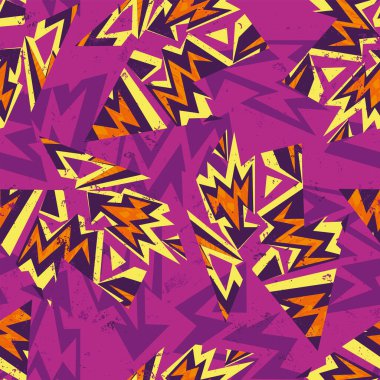 Kavisli çizgiler, noktalar, eski püskü şekiller, renkli sprey boya mürekkebi olan soyut, dikişsiz geometrik desen. Erkek, kız, spor giysileri, ambalaj kağıtları için Grunge kentsel modeli. Grafik renkleri