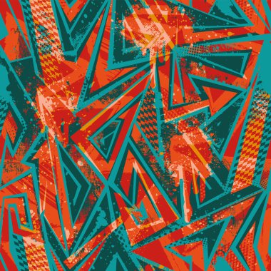 Eğri çizgiler, noktalar, eski püskü şekil öğelerini, renkli sprey boya mürekkep ile soyut kesintisiz geometrik desen. Grunge kentsel modeli boy için kağıt ambalaj kız, spor giyim,.