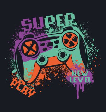 Grunge desenli arka planı olan bir oyun evi baskısı, dijital tarzda metin. Oyun posteri. Oyun bitti t-shirt tasarımı.