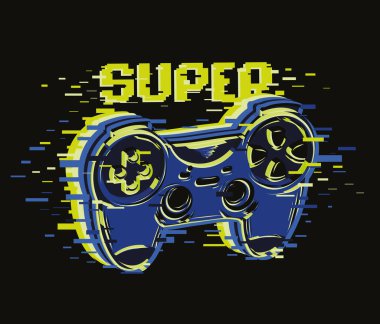 Grunge desenli arka planı olan bir oyun evi baskısı, dijital tarzda metin. Oyun posteri. Oyun bitti t-shirt tasarımı.