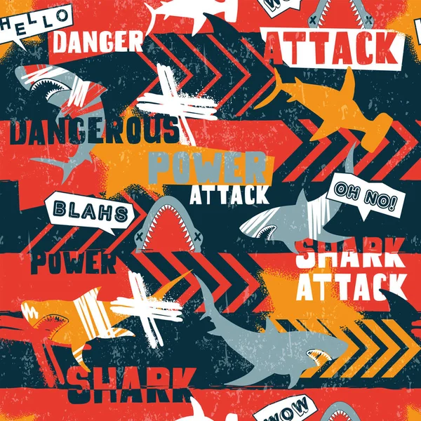 Soyut, pürüzsüz, köpekbalığı silueti ve grunge lineer arka planda, oklu, mesajla tehlikeli güç saldırısı. Köpekbalığı silueti tekrar süslemesi. Büyük balık avcısı spor tekstili için tekrarlanan baskılar
