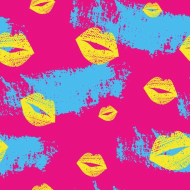 Dudağında boya lekeleri olan kusursuz bir desen. Rastgele yerleştirilmiş ruj izleri olan sonsuz bir süs. Ruj öpücükleriyle modern arkaplan.