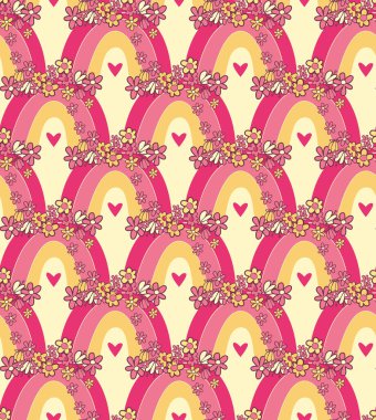 El çizimi çiçekler ve gökkuşağı desensiz iz dizaynı. Moda kumaşları, tekstil grafikleri, baskılar için vektör illüstrasyon tasarımı