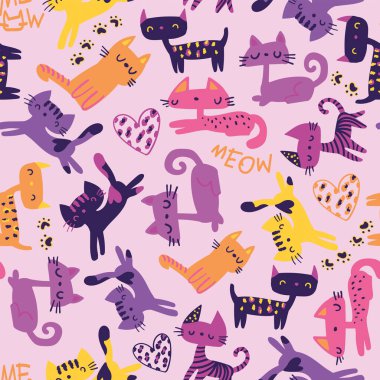 Bebek kıyafetleri için uygun şirin renkli kedi yavrusu desenli, tekstil vektör çizimi