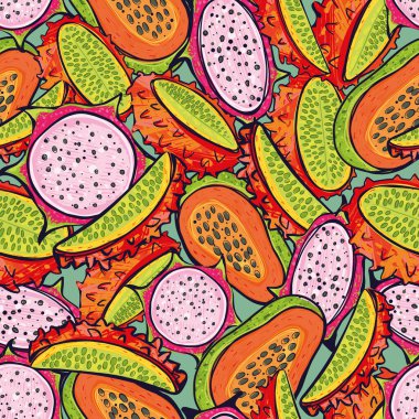 Kusursuz vektör deseni. Egzotik meyve deseni. Ejderha meyveleri ve papaya..