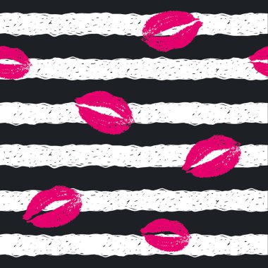 Moda rozetleri. Soyut, pürüzsüz desen. Tekrarlanan çizgili arkaplanda dudaklar.