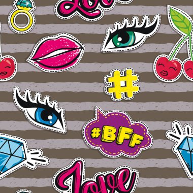 Moda rozetleri. Soyut, pürüzsüz desen. Dudaklar, konuşma baloncukları, gözler, tekrarlanan çizgilerdeki diğer elementler.