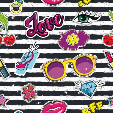 Moda rozetleri. Soyut, pürüzsüz desen. Dudaklar, konuşma baloncukları, gözler, tekrarlanan çizgilerdeki diğer elementler.