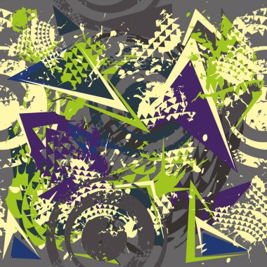 Soyut, dikişsiz geometrik desen. Grunge, erkekler, tekstil ve ambalaj kağıtları için arka plan teknikleri. Çizgiler elementler, üçgenler, parlak mavi oklar, yeşil, siyah renkler.