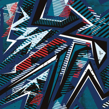 Kavisli çizgiler, noktalar, eski püskü şekiller, renkli sprey boya mürekkebi olan soyut, dikişsiz geometrik desen. Erkek, kız, spor giysileri, ambalaj kağıtları için Grunge kentsel modeli. Grafik renkleri