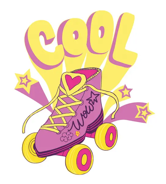 Disko patenli, kalp işaretli, yıldızlı karikatür posteri. 90 'lar ve 80' ler tarzı tişört tasarımı. Renkli kız ayakkabıları çizimi.