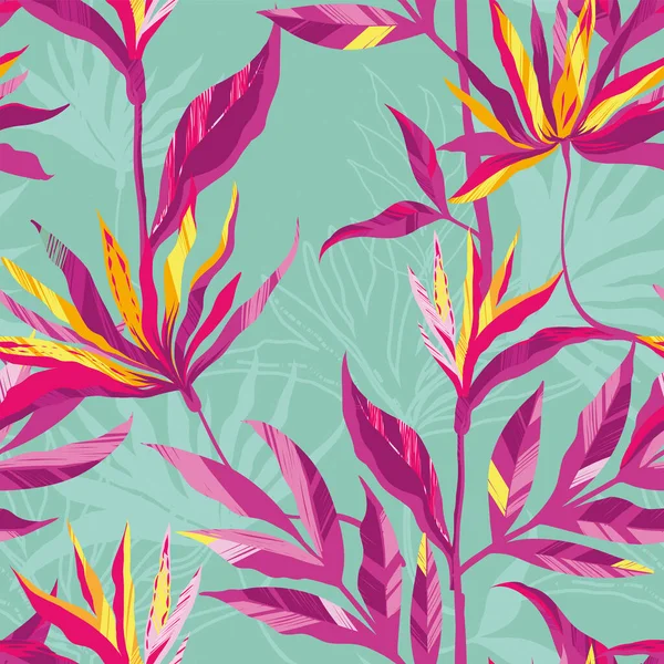 Strilitzia, yapraklar, yeşil arkaplan ile soyut, dikişsiz tropikal desen. Vahşi çiçek yineleme süsü.