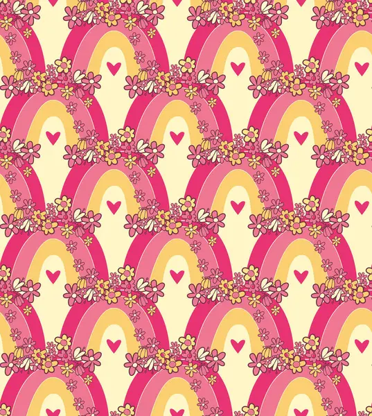 El çizimi çiçekler ve gökkuşağı desensiz iz dizaynı. Moda kumaşları, tekstil grafikleri, baskılar için vektör illüstrasyon tasarımı