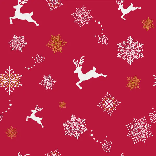 Noel desensiz, beyaz çizgili Noel geyiği, kırmızı arka planda kar taneleri. Vektör illüstrasyonu