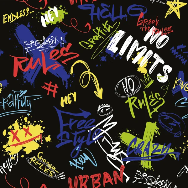 Abstract bright graffiti pattern. With paint drips, words in graffiti style. Graphic urban design for textiles, sportswear, prints.