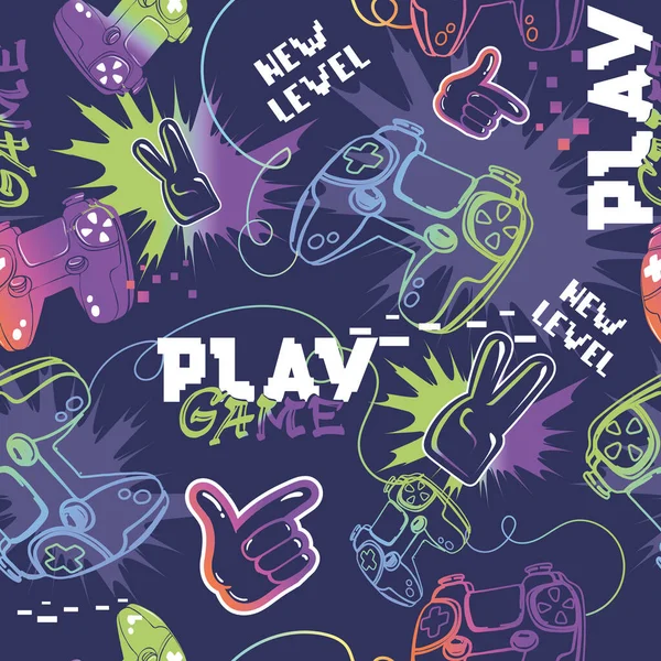 Soyut, dikişsiz oyun bloknotu deseni. Oyun pedleri dijital mavi sonsuz arkaplanda tekrar baskı yapar. Dijital Metin Oyunu bitti, Play. Erkek kıyafetleri, spor tekstili, ambalaj kağıdı için tekrarlanan duvar kağıtları