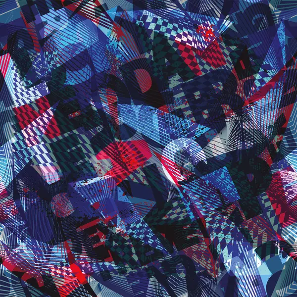 Monokrom mavi ve kırmızı renklerde soyut, dikişsiz harf desenleri çılgın, şanslı, aşırı tehlikeli yazılar. Tipografi süsleri. ABC spor giysileri ve ambalaj kağıtları için baskıyı tekrarladı.