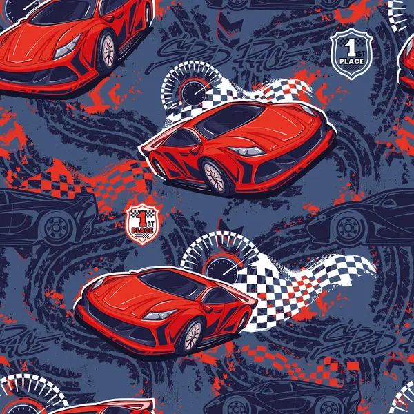 Grunge şekilli, soyut, dikişsiz araba desenli, köhne desenli, oklu, noktalı, sprey boyalı, mürekkepli kırık bir arka plan. Çocuksu stil tekerlek arka planda tekrarlanıyor. Kırmızı otomobil