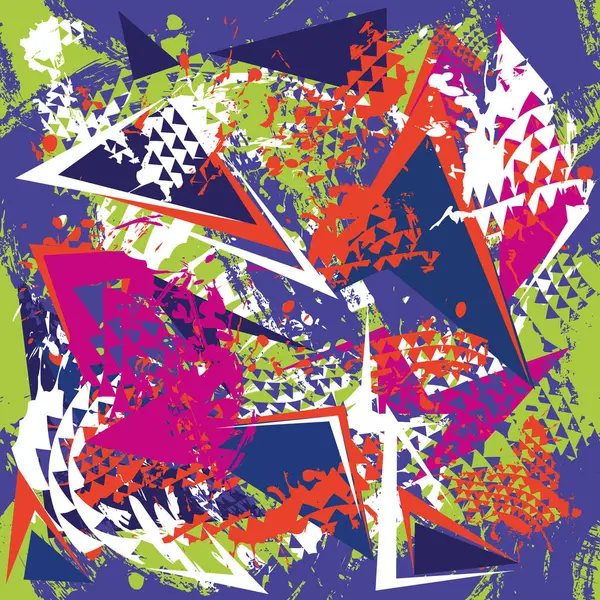 Soyut, dikişsiz geometrik desen. Grunge, erkekler, tekstil ve ambalaj kağıtları için arka plan teknikleri. Çizgiler elementler, üçgenler, parlak yeşil oklar, mor, beyaz renkler.