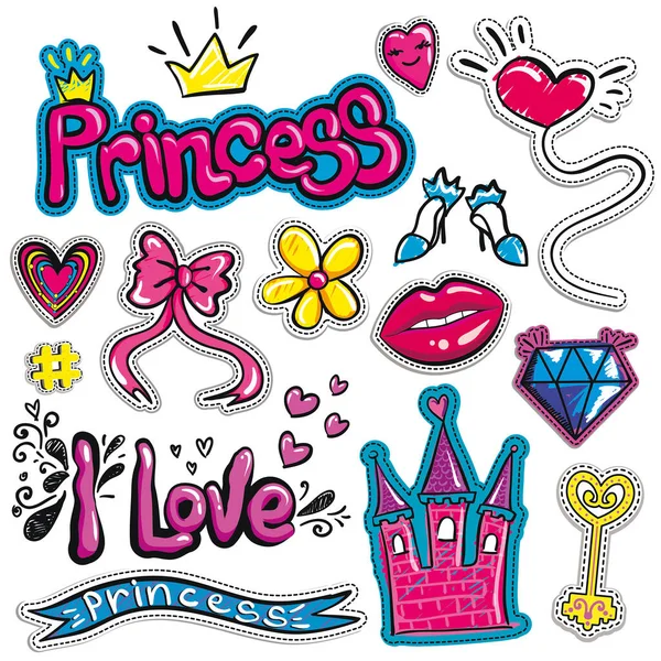 Karikatür elementleri kalpler, kale, bulutlar, taç, yay. Kızlar için çıkartmalar, moda, çocuksu kıyafetler. Çizgi roman rozetleri, kız işi duvar kağıtlarına elementler..