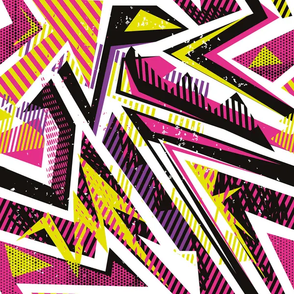 Kavisli çizgiler, noktalar, eski püskü şekiller, renkli sprey boya mürekkebi olan soyut, dikişsiz geometrik desen. Erkek, kız, spor giysileri, ambalaj kağıtları için Grunge kentsel modeli. Grafik renkleri