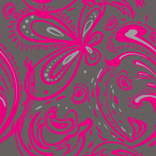 Paisley süslemesi kusursuz desen. Basit vektör el çizimi. Koyu arkaplan ve pembe hatlar. Büyük desenli, küçük desenli ve küçük çiçekli..
