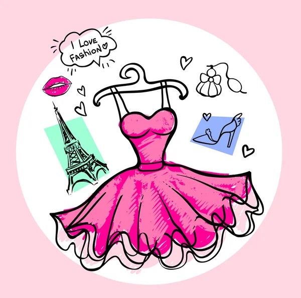 El yapımı kızlar: elbise, parfüm, ayakkabı, Eyfel kulesi, dudaklar. Kız temaları tasarımı için izole edilmiş vektör illüstrasyonunu kes. Çizim biçimi ögesi el çizimi.