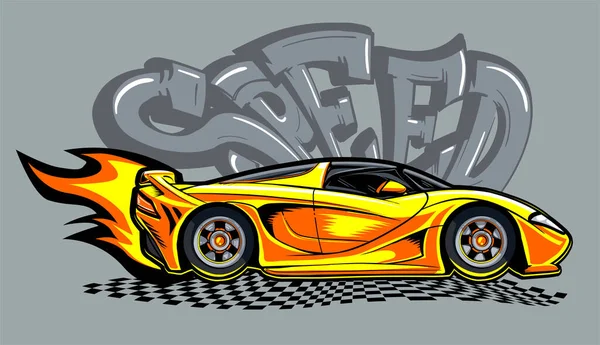 Yellow sport car with fire track on grey background. Modern speed automobile with text 