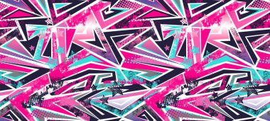 Eğri çizgiler, noktalar, eski püskü şekiller, renkli sprey boya mürekkebi, üçgenler, oklar. Erkek, kız, spor giysileri, ambalaj kağıdı için Grunge kentsel deseni.