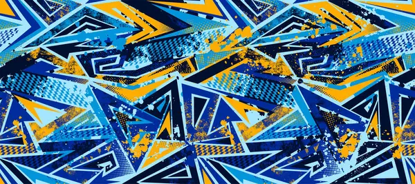 Grunge geometrik deseni mavi ve sarı renklerde, kavisli çizgiler, noktalar, pejmürde üçgenler, sprey boya mürekkebi elementleri. Erkek çocuk, spor giysileri, ambalaj kağıdı için şehir deseni.