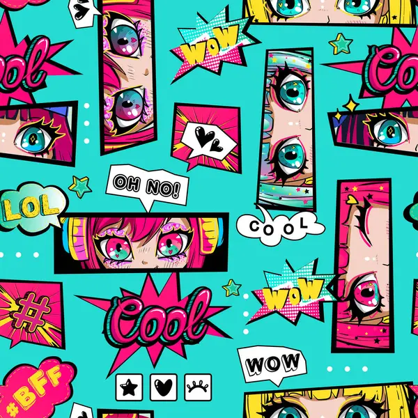 Anime kızı, mavi arka planda kusursuz gözler. Paket kağıdı için vektör anime biçimi baskı. Çizgi roman tarzı konuşma baloncuklu duvar kağıdı, harfler. Kawaii kızı.