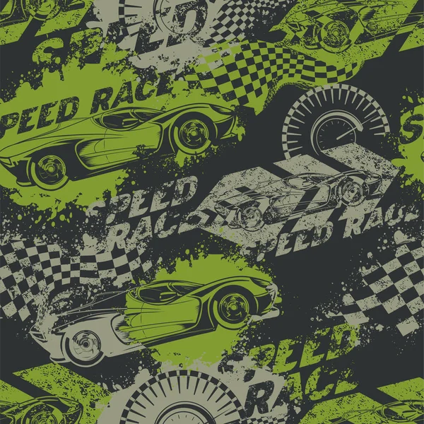 Grunge şekilli, dikişsiz yarış arabaları eski püskü desen, ok, şimşek, noktalar, sprey boyayla boyanmış arka plan. Çocuksu stil tekerlek arka planda tekrarlanıyor. Kırmızı ve mavi spor araba