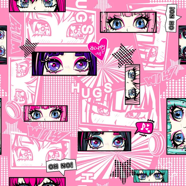 Duvar kâğıdı, ambalaj, kız tekstili için anime karikatür desenli arka plan. Büyük gözler anime kız süsü