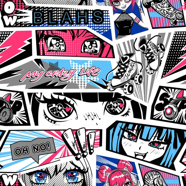 Duvar kâğıdı, ambalaj, kız tekstili için anime karikatür desenli arka plan. Büyük gözler anime kız süsü