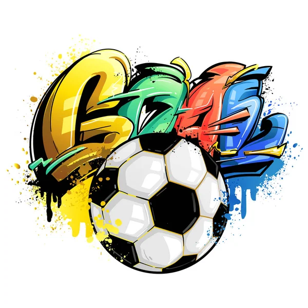 Street art style graffiti football print with goal ball, slogan - Goal time. Print for textiles, t-shirts, children's clothes. Grunge graffiti text and balls. Sport poster.