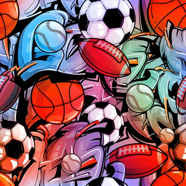 Sport seamless pattern with soccer ball, basketball, rugby ball, football, baseball. Sports repeat print. Footballs endless ornament. Equipment for sport.