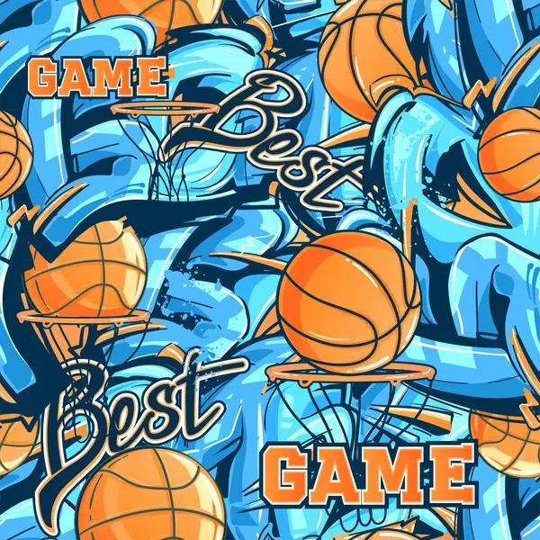 Basketball seamless pattern with ball, street art style graffiti background text. Sport wall repeat print for boy textile, wrapping paper. Basketball ornament. Slogan Best game.