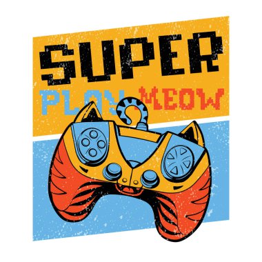 Av köpekli kedi resimli, soyut, kusursuz desen. Çizgi filmlerdeki canavar karakterler. Dijital arkaplan sonu metni Miyav, oyun, yeni seviye.