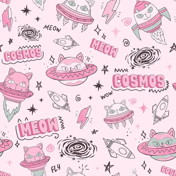 Uzayda kedi gezegeniyle çizgi film kusursuz desen. Uzay arkaplanı. Tişörtler, tekstil ürünleri, ambalaj kağıtları ve ağ için kedi yavruları. Kozmos süsü
