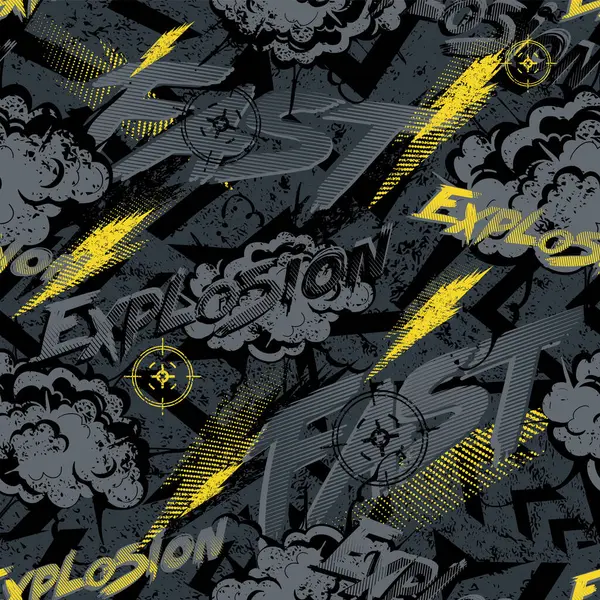 Patlama bulutları, yıldırımlar ve metinlerle kusursuz desen oluşturur. Sonsuz grunge arkaplanı mavi patlamalarla