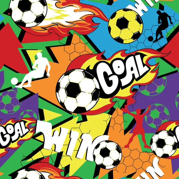 Futbol topu, geometrik Grunge arka planı, çizgi roman stili hücresi, oyuncuların silueti, şebeke, galibiyet, graffiti tarzında çizilen gol sözcükleri. grungy sport tekrar yazdırma