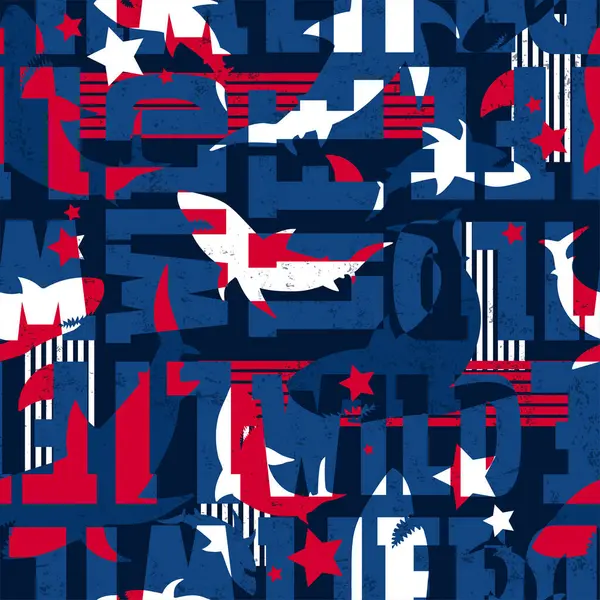Typography arka planında köpekbalığı kusursuz desen. Köpekbalığı siluetiyle Amerikan Harfleri süslemesi. Büyük balık yırtıcısı baskısı. Abc duvar kağıdı