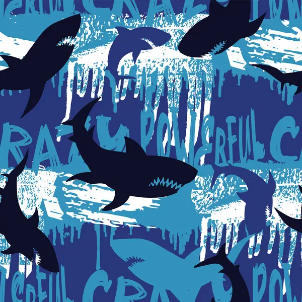 Soyut, pürüzsüz, köpekbalığı silueti ve grunge lineer arka planda, oklu, mesajla tehlikeli güç saldırısı. Köpekbalığı silueti tekrar süslemesi. Büyük balık avcısı spor tekstili için tekrarlanan baskılar