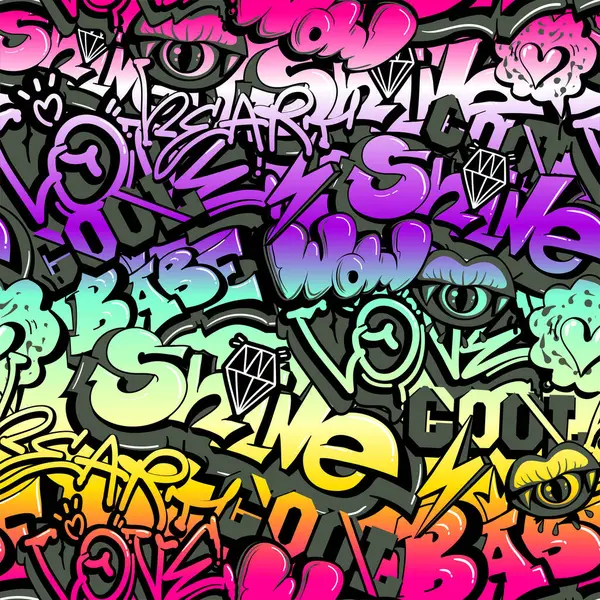 Sokak sanatı tarzı metni olan soyut, pürüzsüz Grunge deseni. Graffiti tekrar yazdırıyor. Şehir harf süslemelerini Süper, sevgi, öpücük, vay canına, Xo Xo. Kız modası geçmişi. Kalp izleri