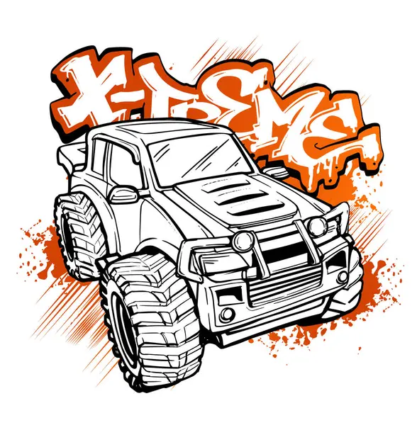 monster car outline illustration. Street art style graffiti text Extreme. Off road vector car illustration. Vector SUC car linear print.